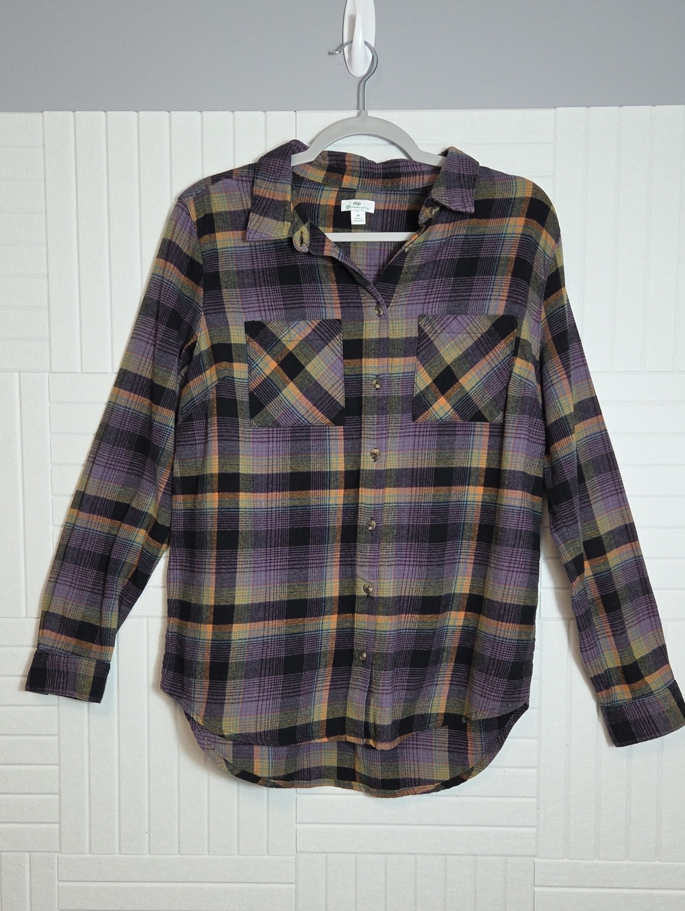 Dip 100% Organic Cotton Purple Flannel Plaid Collared Button Down Shirt Size M